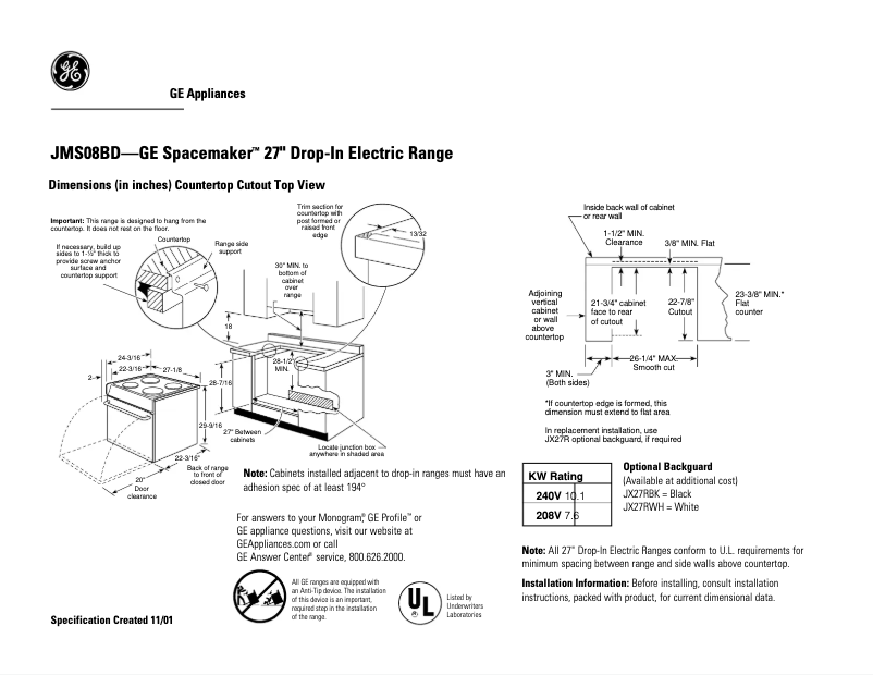 Page n°1 - Fiche technique GE JMS08BDCT