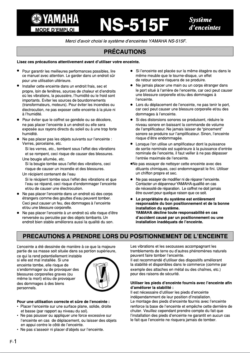 Page 1 de la notice Manuel utilisateur Yamaha NS-515F