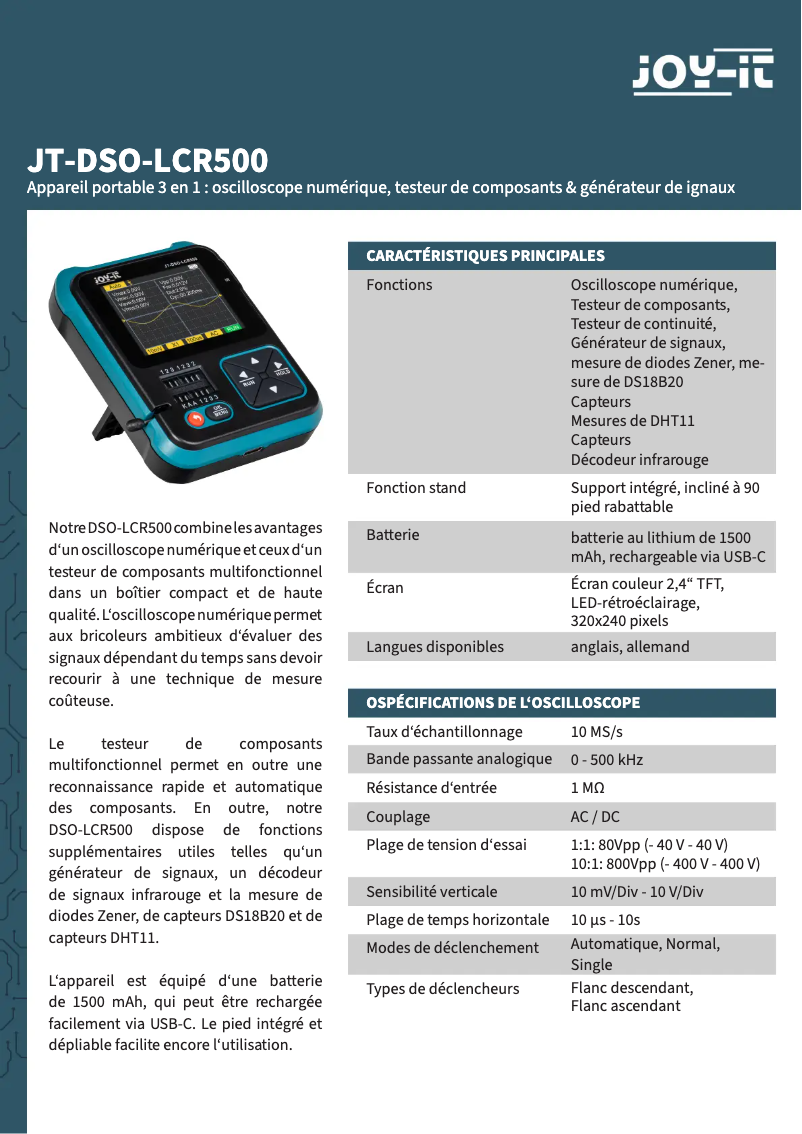 Page 1 de la notice Manuel utilisateur Joy-It DSO-LCR500