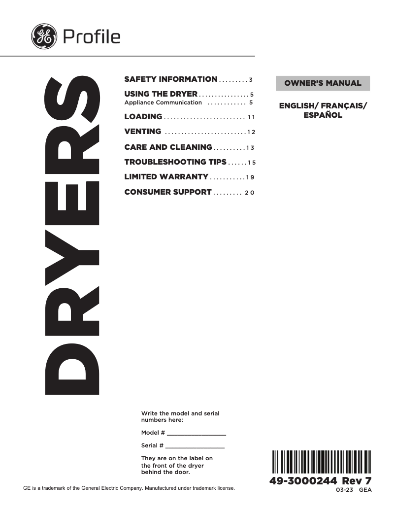 Page n°1 - Manuel utilisateur GE Profile PTD90GBPTDG
