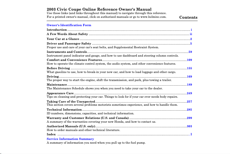 Image de la première page du manuel de l'appareil Civic Sedan (2003)