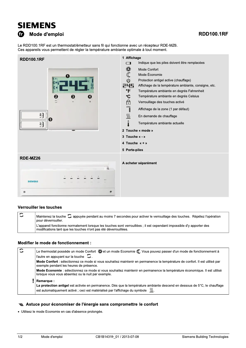 Image de la première page du manuel de l'appareil RDD100.1RF