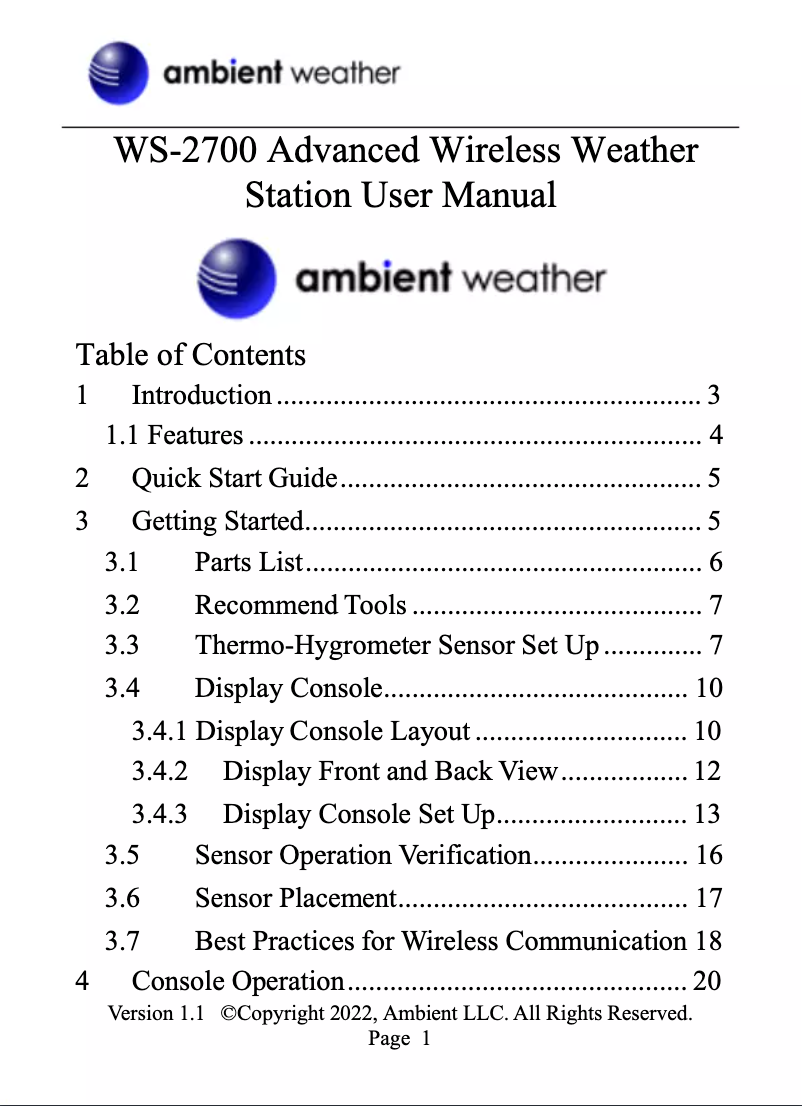Page n°1 - Manuel utilisateur Ambient Weather WS-2700