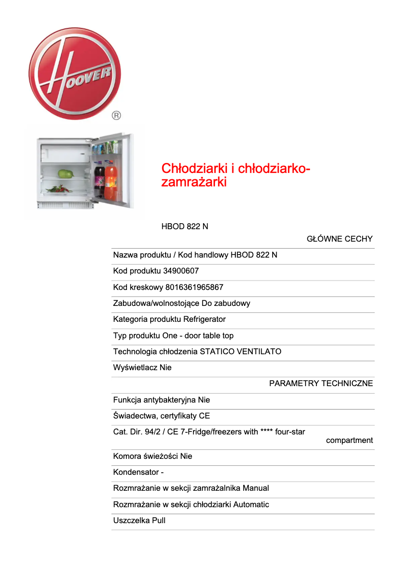 Page n°1 - Fiche technique Hoover H-FRIDGE 300 Mini HBOD 822 N
