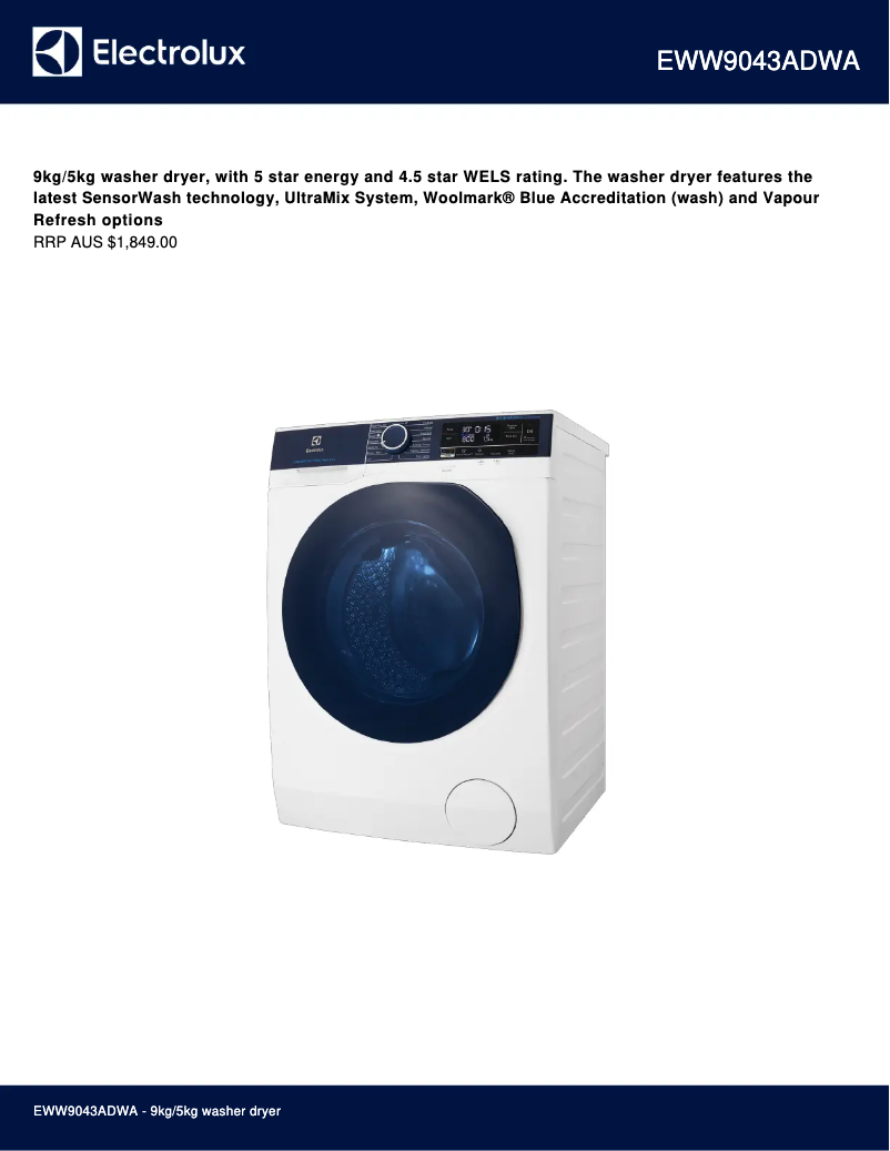 Page 1 de la notice Fiche technique Electrolux EWW9043ADWA