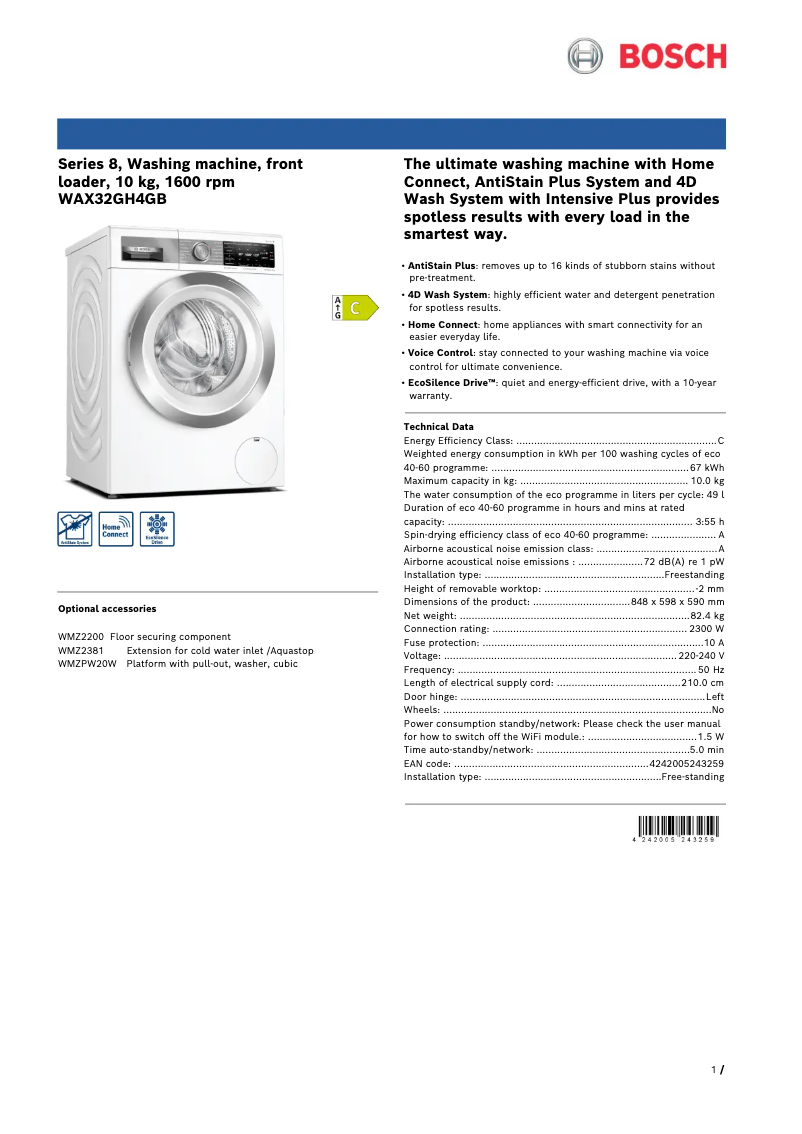 Page n°1 - Fiche technique Bosch WAX32GH4GB