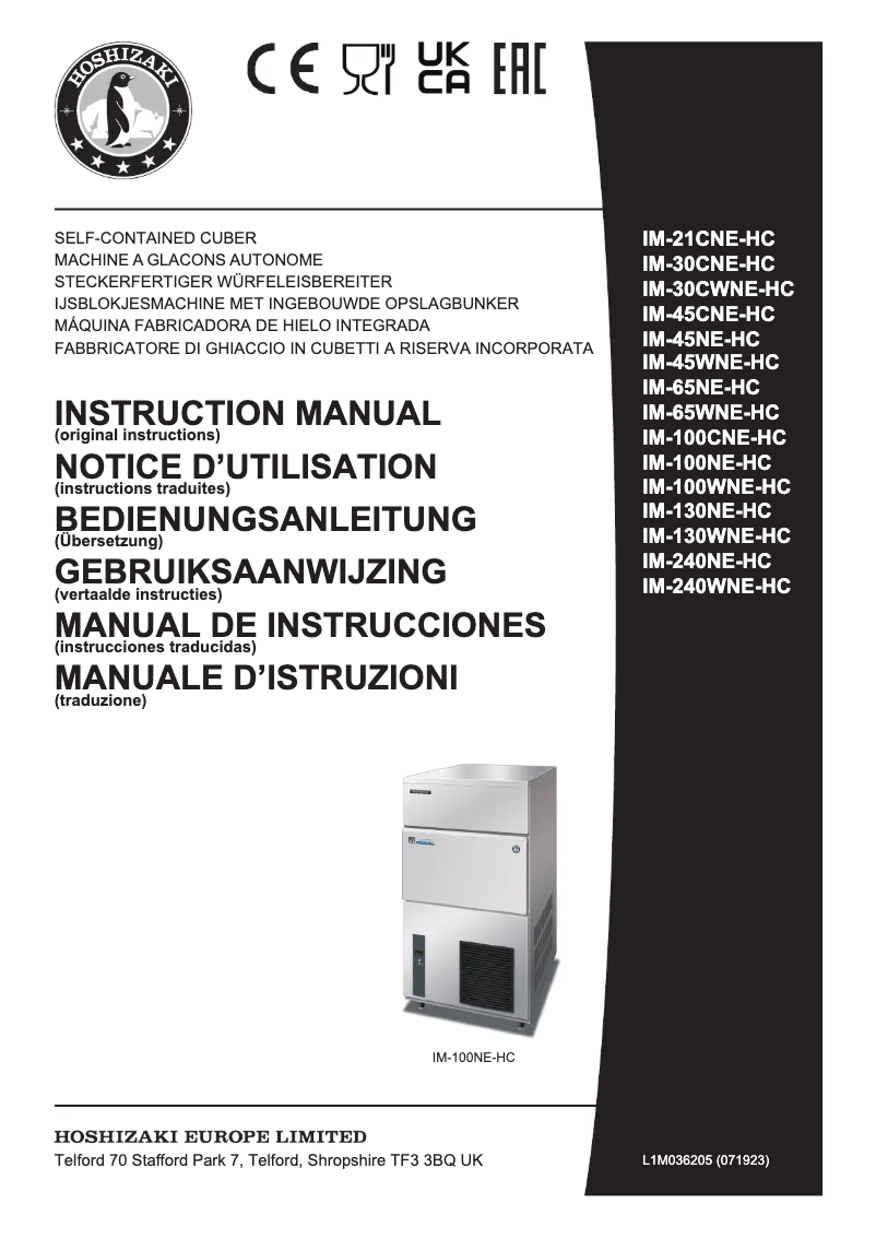 Page 1 de la notice Manuel utilisateur Hoshizaki IM-100NE-HC