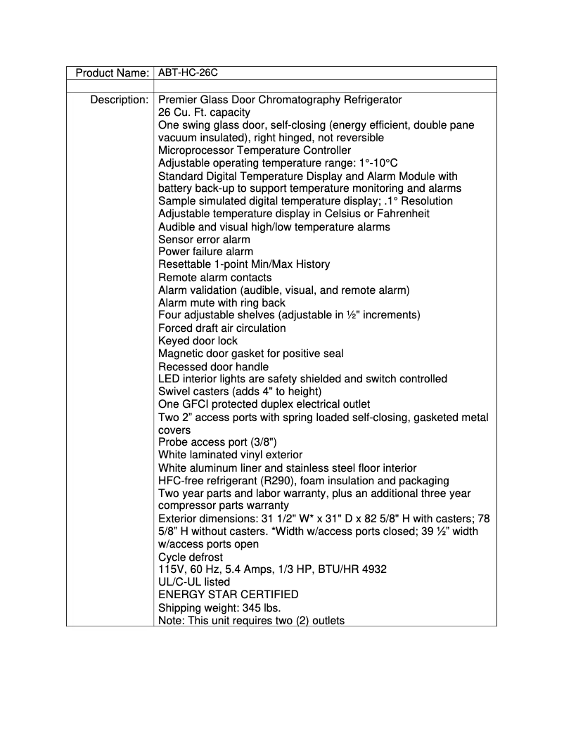 Page 1 de la notice Fiche technique American BioTech Supply ABT-HC-26C