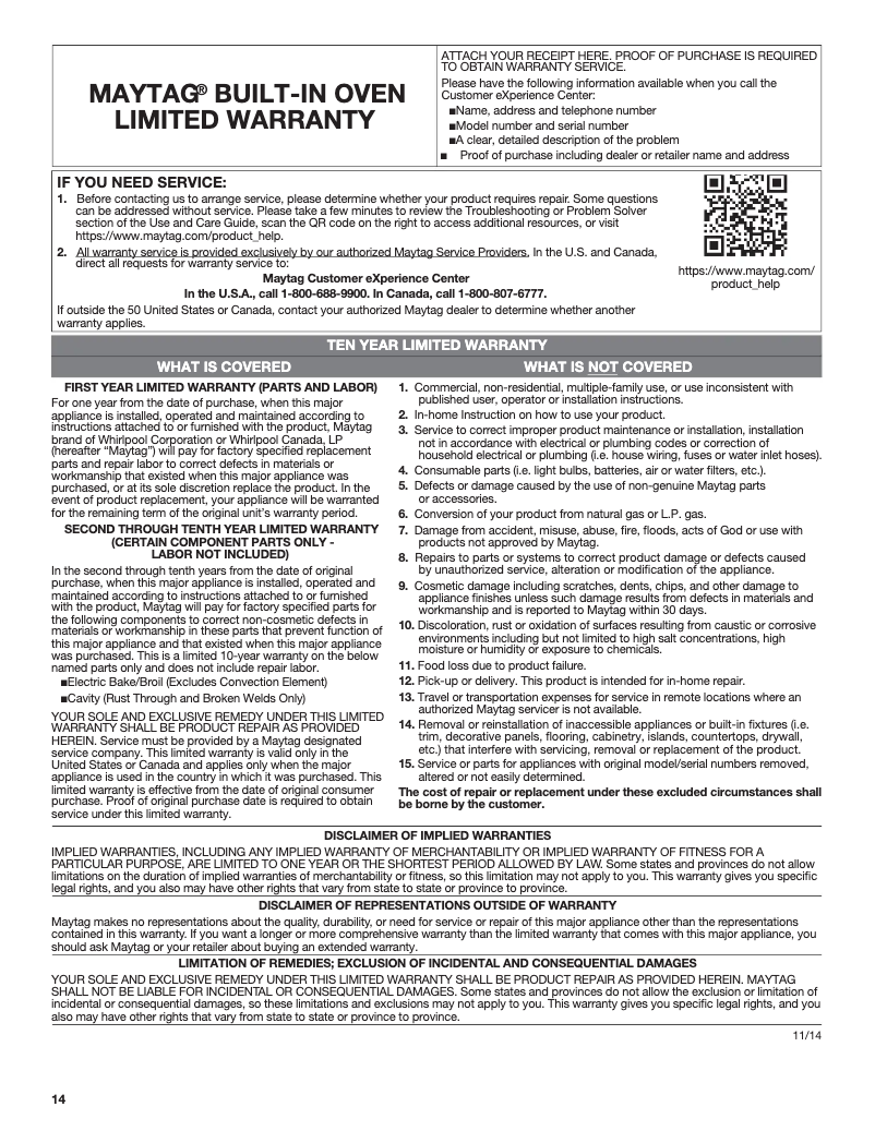 Page 1 de la notice Informations de garantie Maytag MEW9527FZ