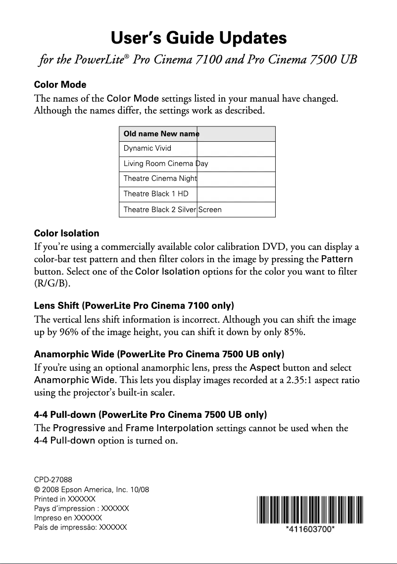 Image de la première page du manuel de l'appareil PowerLite Pro Cinema 7500 UB