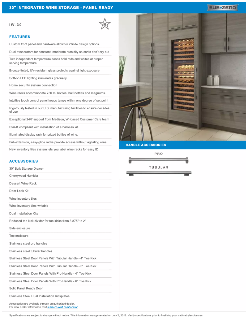 Page n°1 - Fiche technique Sub-Zero IW-30A-RH