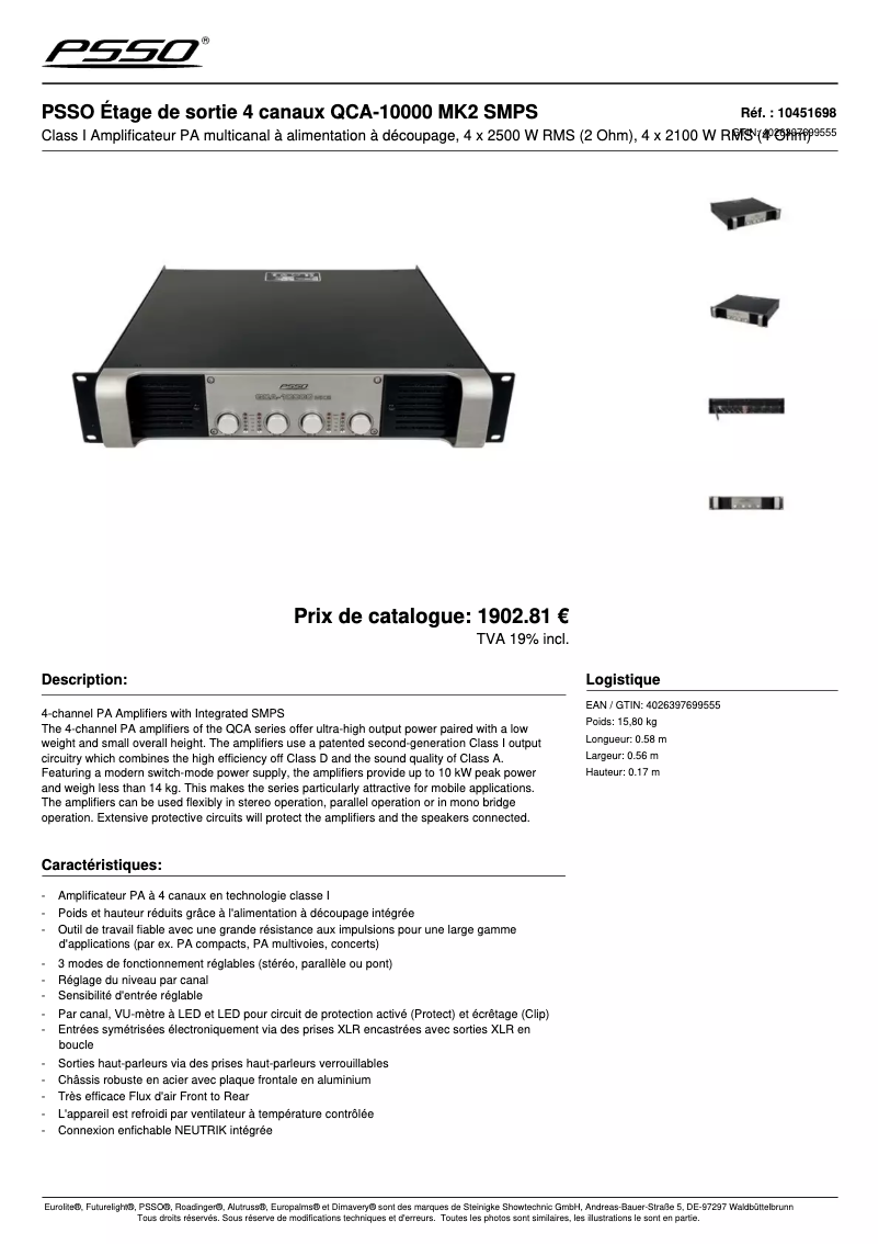 Page 1 de la notice Fiche technique PSSO QCA-10000 MK2