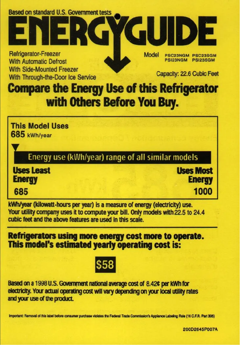 Page 1 de la notice Label énergétique GE Profile Arctica CustomStyle PSI23SGMBS