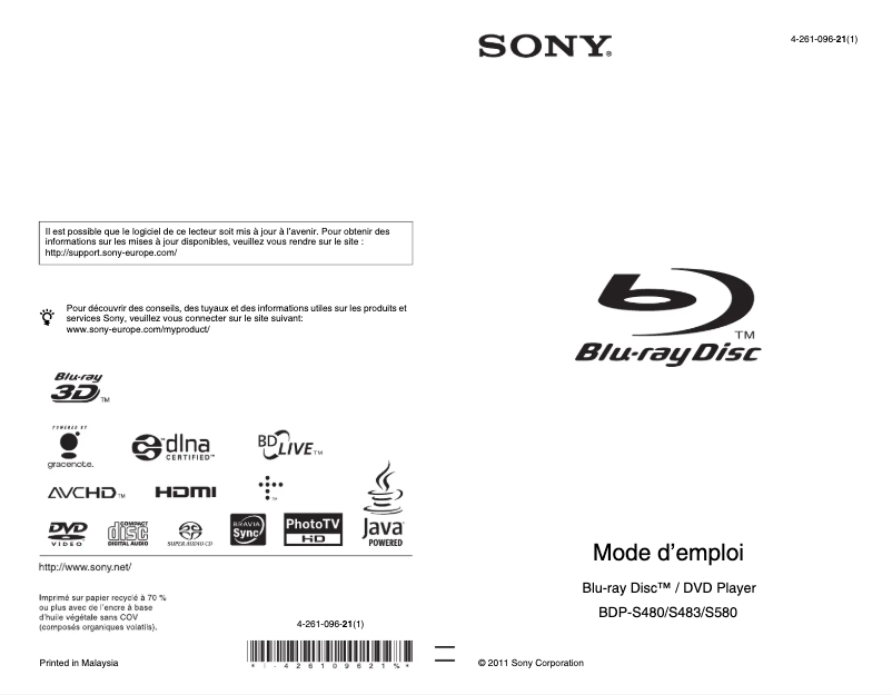 Page 1 de la notice Manuel utilisateur Sony BDP-S580