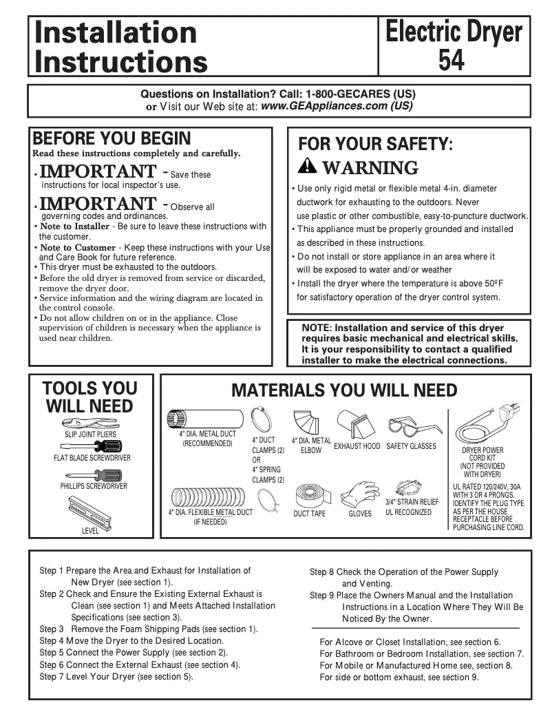 Page 1 de la notice Guide d'installation GE DLLLR23EGWW