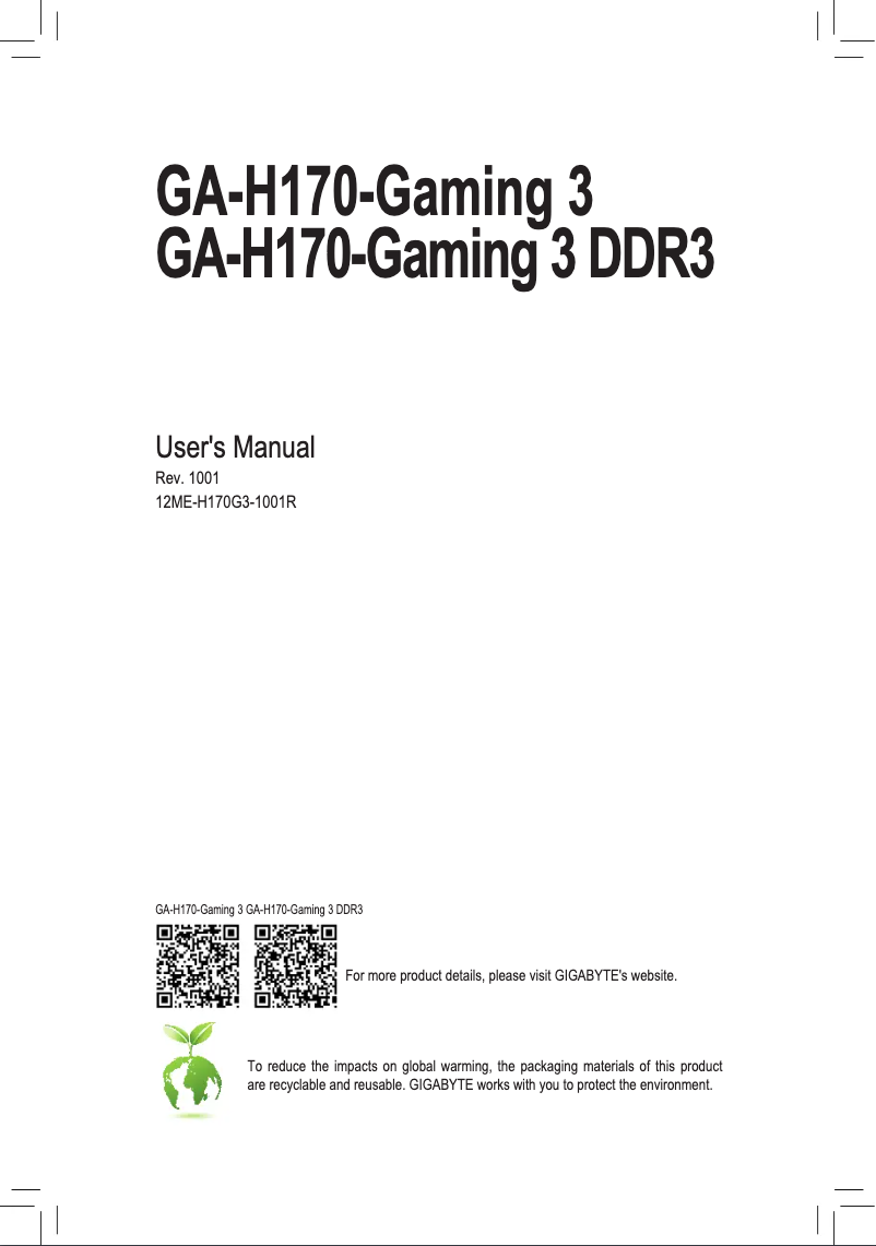 Page n°1 - Manuel utilisateur Gigabyte GA-H170-Gaming 3 DDR3