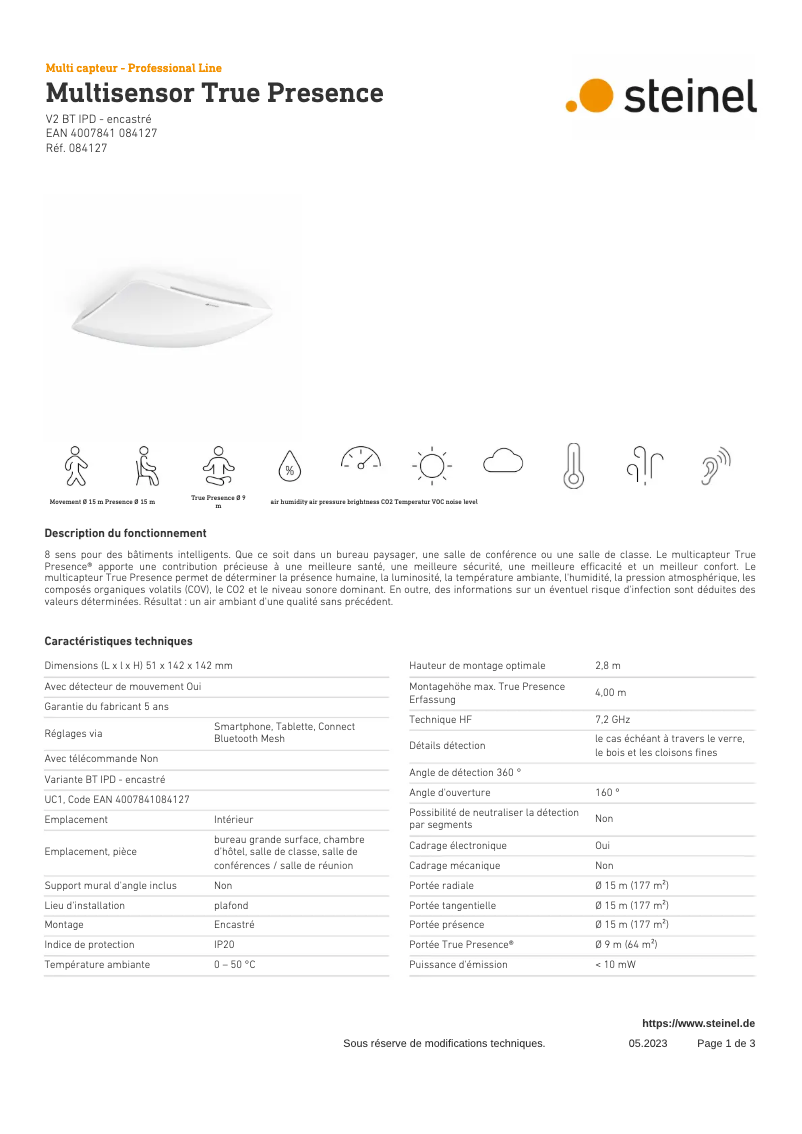 Page 1 de la notice Fiche technique Steinel Multisensor True Presence BT IPD