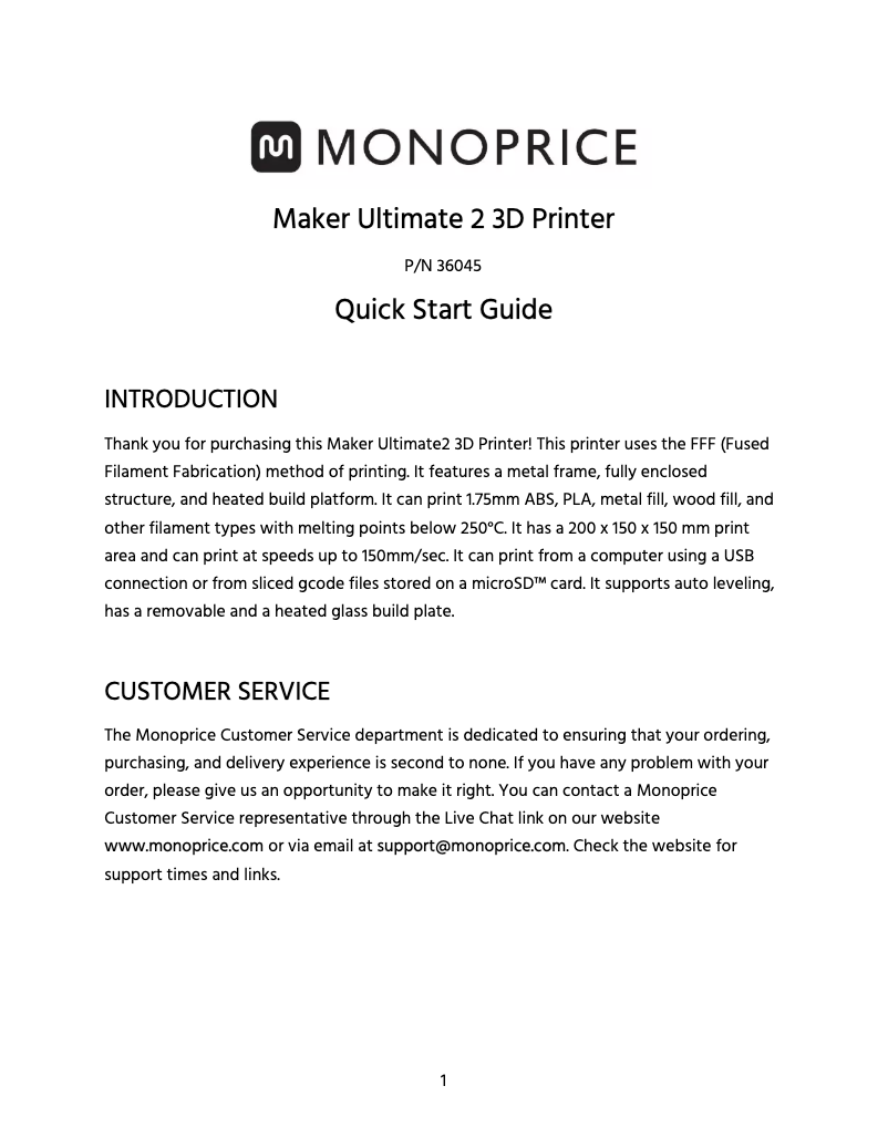 Page 1 de la notice Manuel utilisateur Monoprice Maker Ultimate 2