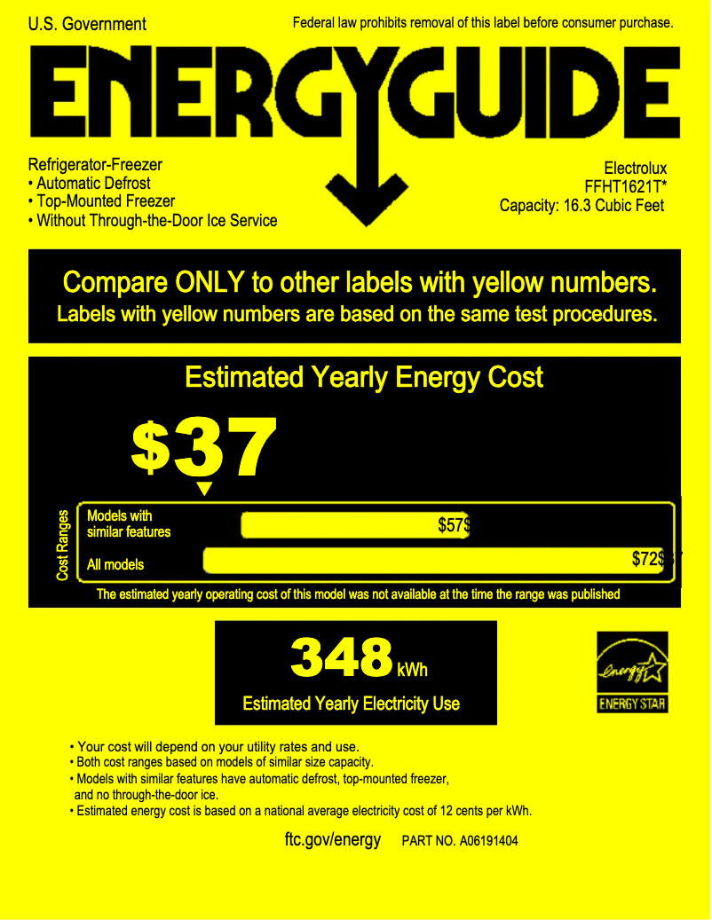 Page 1 de la notice Label énergétique Frigidaire FFHT1621TS
