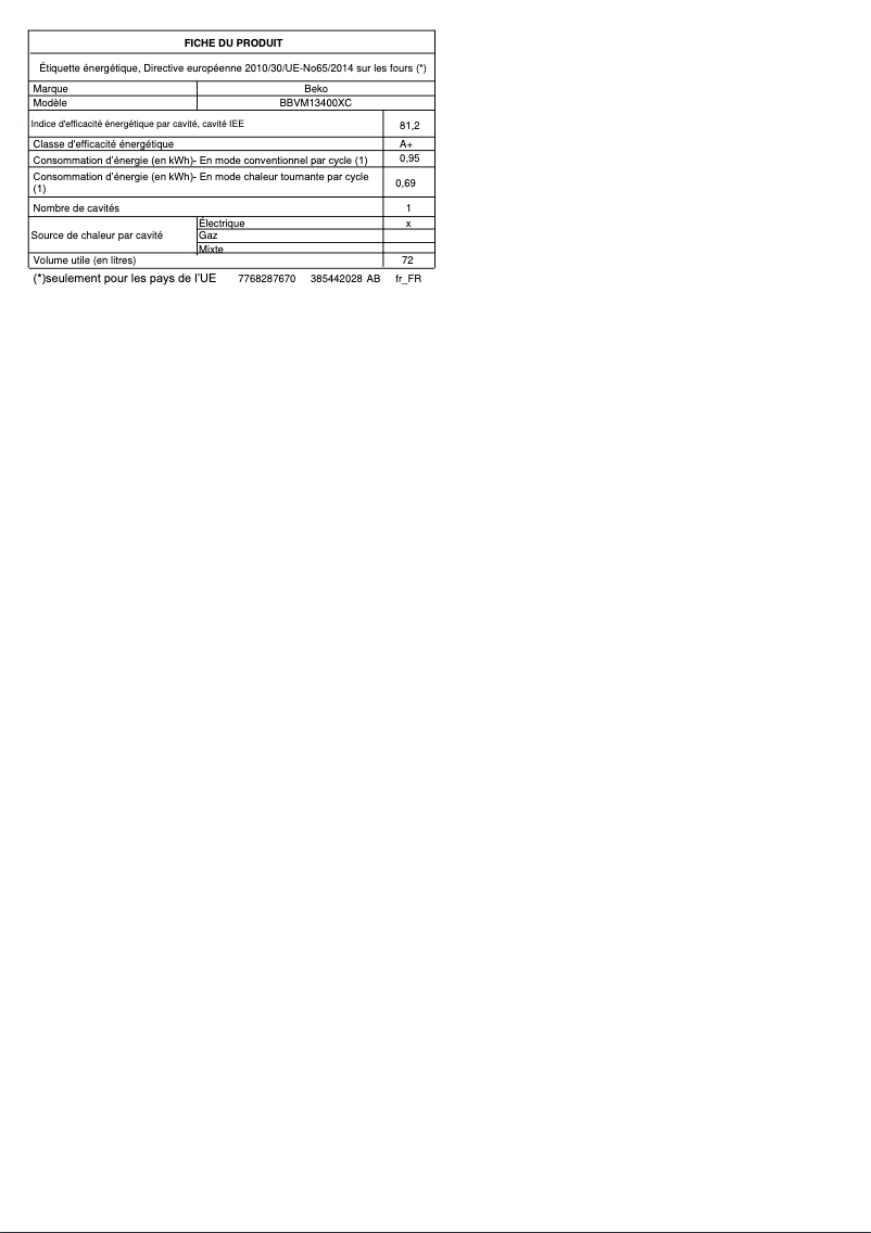 Page n°1 - Fiche technique Beko BBVM13400XC