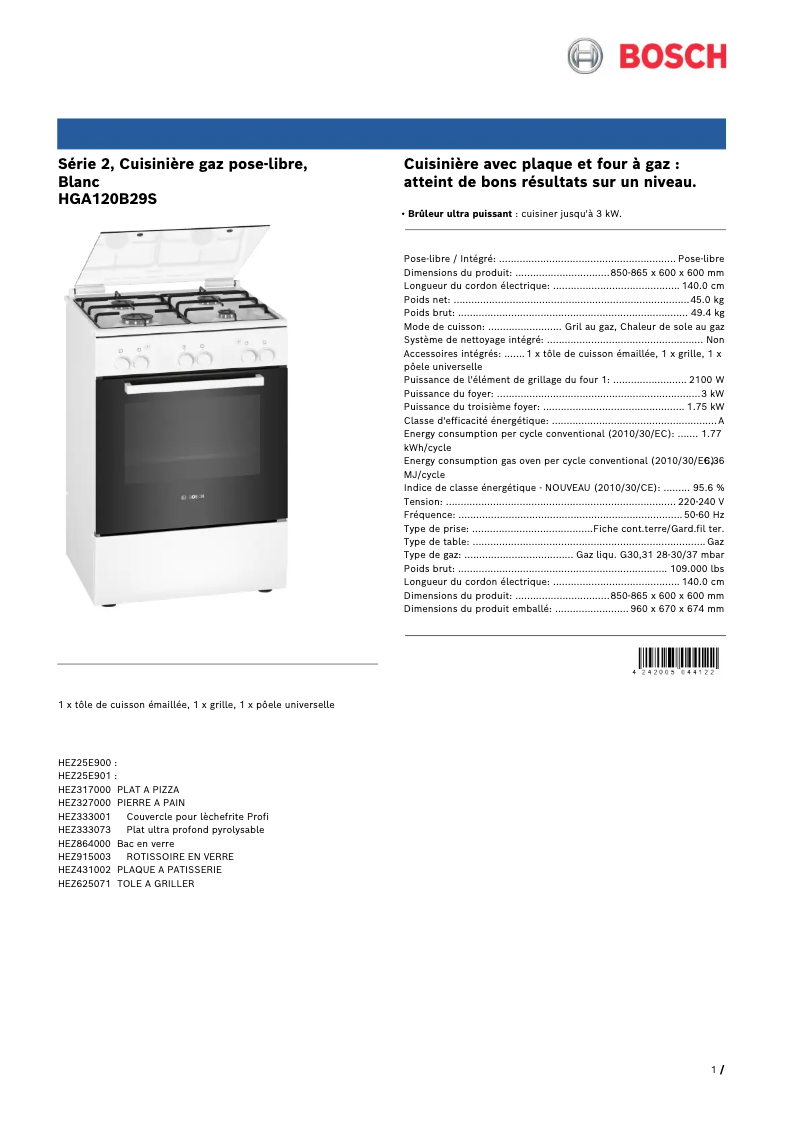 Page 1 de la notice Fiche technique Bosch HGA120B29S