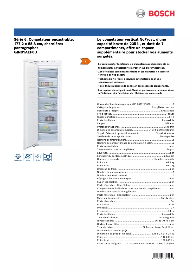 Page 1 de la notice Fiche technique Bosch GIN81AEF0U