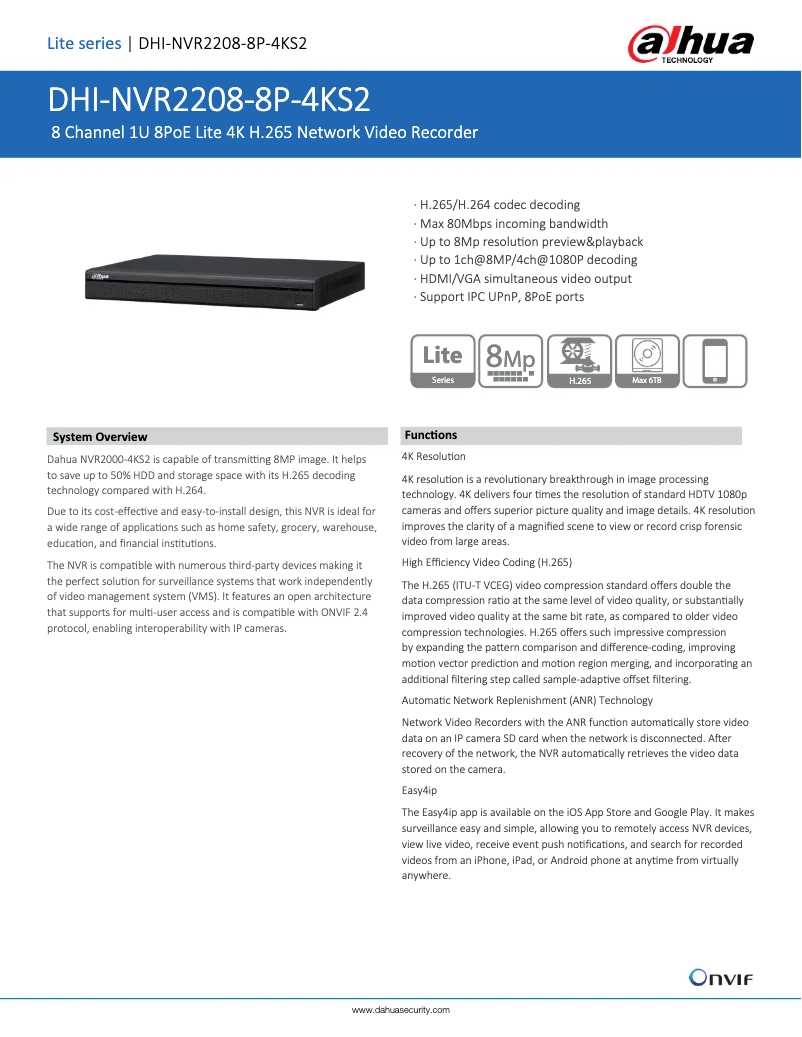 Page n°1 - Fiche technique Dahua Technology NVR2208-8P-4KS2
