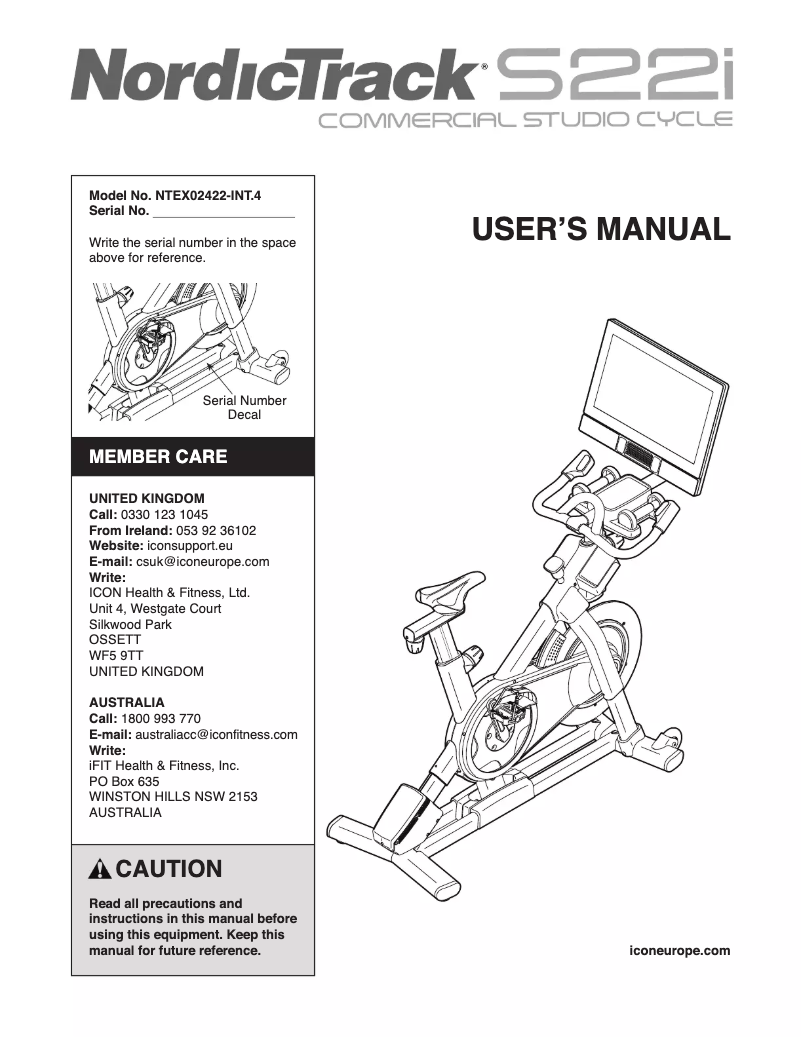 Page 1 de la notice Manuel utilisateur NordicTrack Commercial S22i Studio Cycle