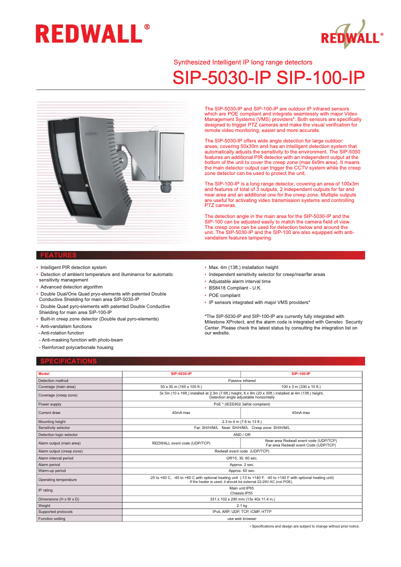Page 1 de la notice Fiche technique Optex SIP-404-IP-BOX