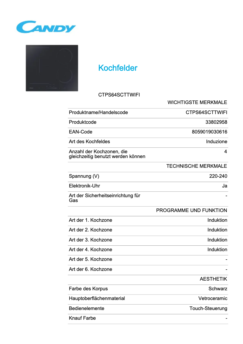 Page n°1 - Fiche technique Candy CTPS64SCTTWIFI
