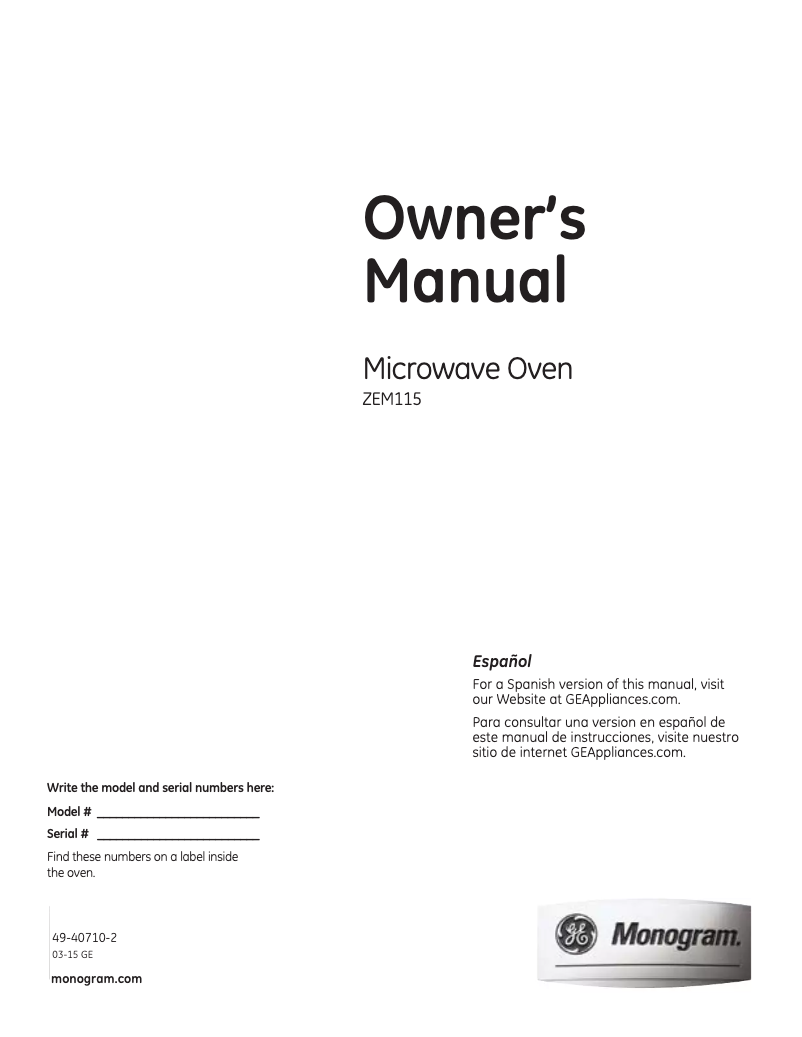 Page n°1 - Manuel utilisateur Monogram ZES1227SLSS