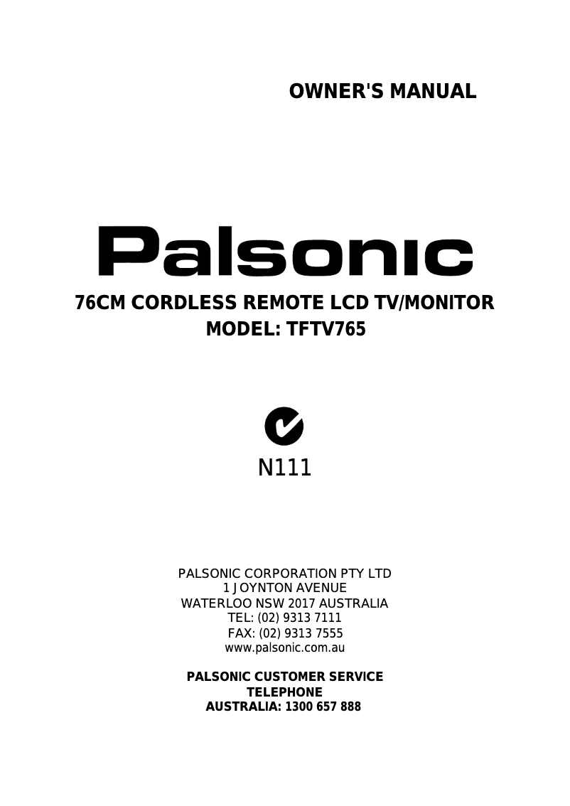Page n°1 - Manuel utilisateur Palsonic TFTV765
