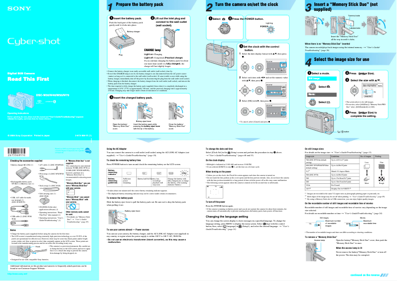 Page 1 de la notice Guide d'installation Sony Cybershot DSC-W30