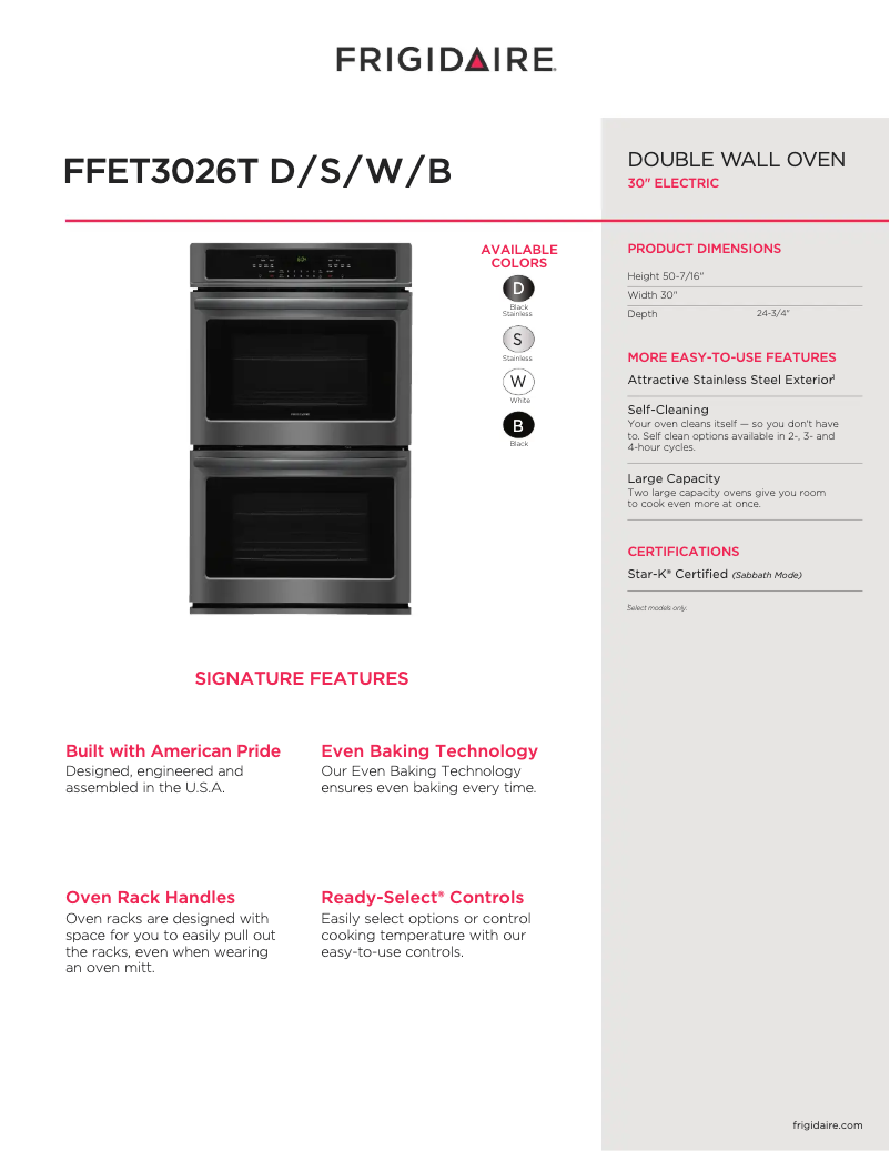 Page n°1 - Fiche technique Frigidaire FFET3026TW