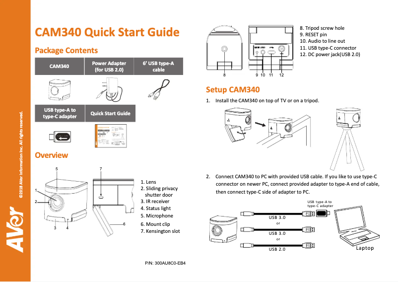 Page 1 de la notice Manuel utilisateur AVer CAM340+