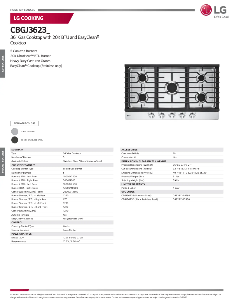 Page 1 de la notice Fiche technique LG CBGJ3623S