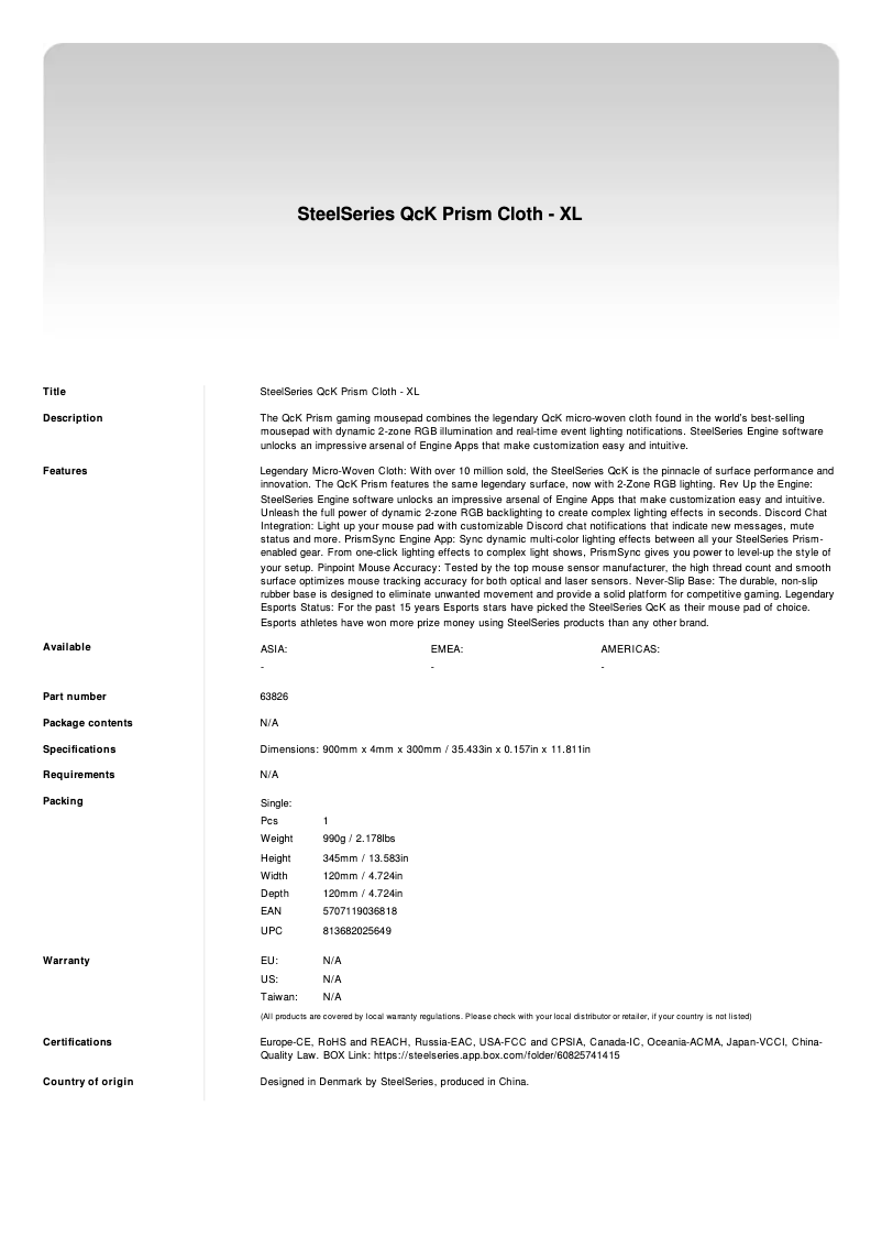 Page 1 de la notice Manuel utilisateur Steelseries QcK Prism Cloth XL