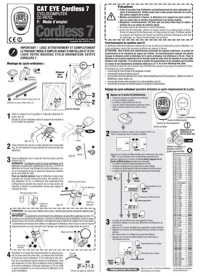 Page 1 de la notice Manuel utilisateur Cateye Cordless 7 CC-FR7CL