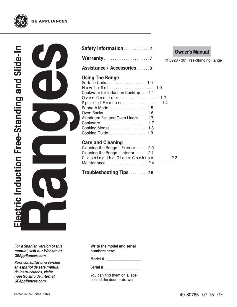 Image de la première page du manuel de l'appareil Profile PHB920SJSS