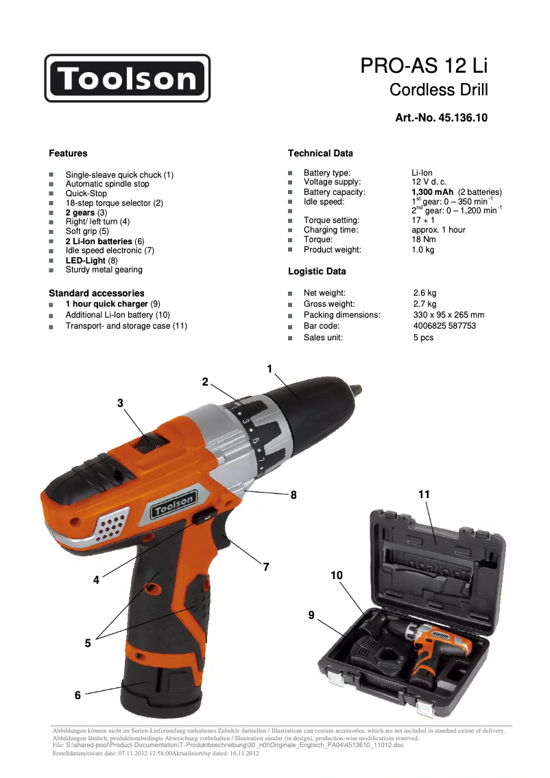 Page n°1 - Fiche technique Toolson PRO-AS 12 Li
