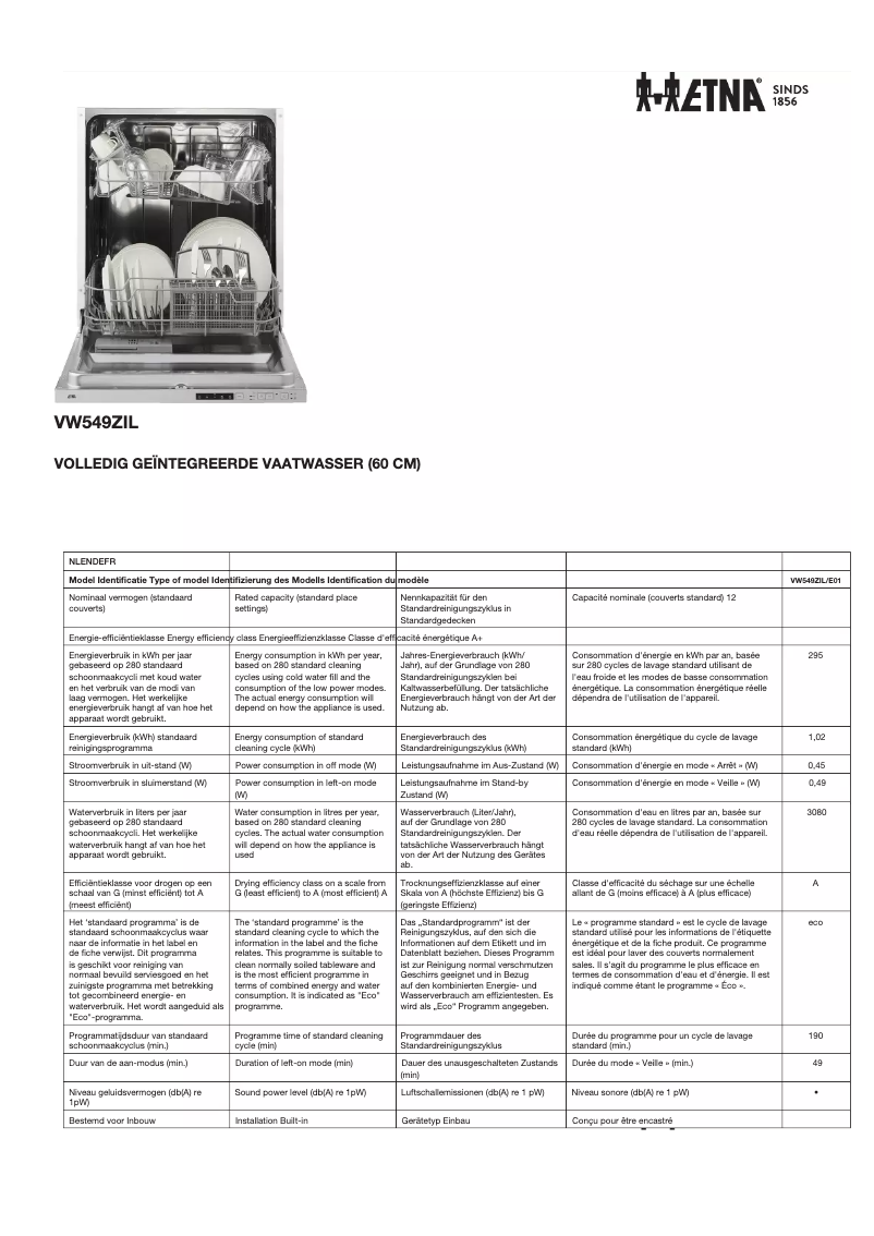 Page 1 de la notice Fiche technique Etna VW549ZIL