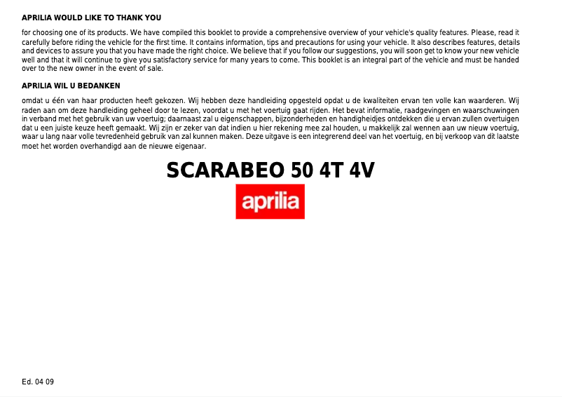 Page 1 de la notice Manuel utilisateur Aprilia Scarabeo 50 4T 4V (2009)