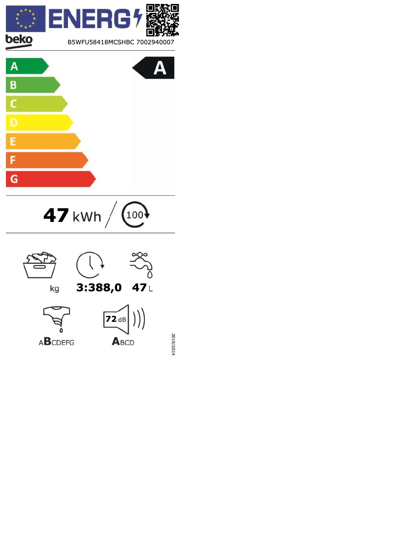 Page 1 de la notice Label énergétique Beko B5WFU58418MCSHBC