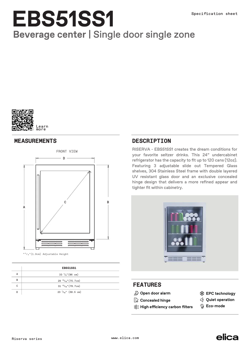 Page 1 de la notice Fiche technique Elica EBS51SS1