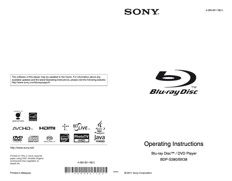 Página 1 del manual Manual de usuario Sony BDP-BX38