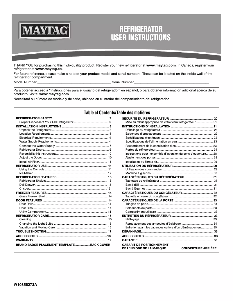 Page 1 de la notice Manuel d'utilisation et d'entretien Maytag MRT311FFFE