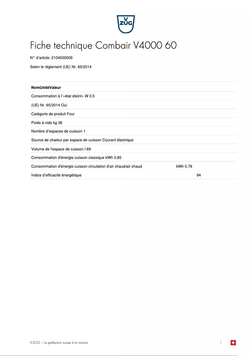 Page 1 de la notice Fiche technique V-Zug Combair V4000 60