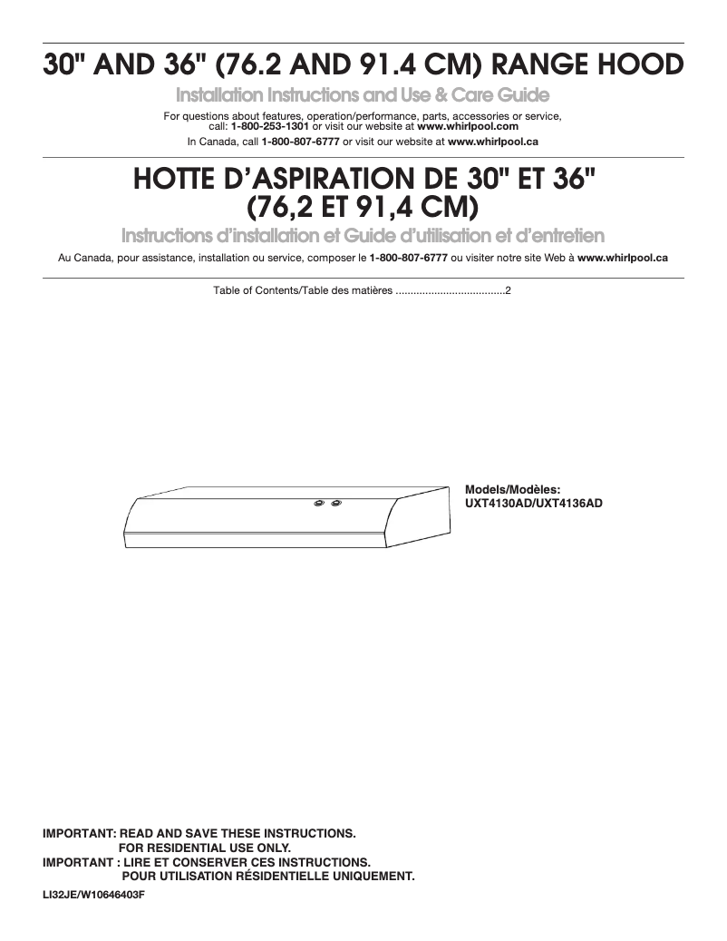 Page n°1 - Guide d'installation Amana UXT4130ADS