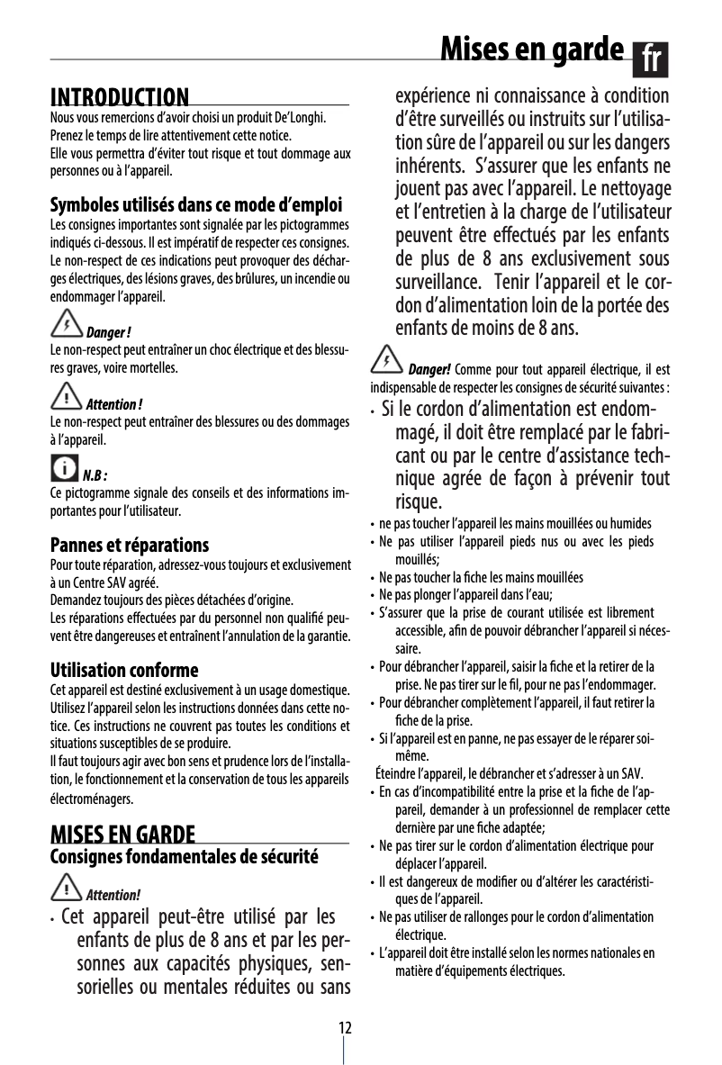 Page 1 de la notice Manuel utilisateur DeLonghi AC 230