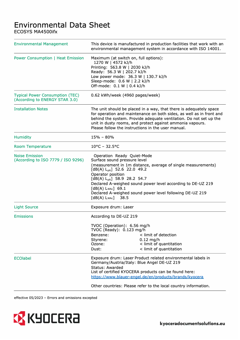 Page n°1 - Fiche technique Kyocera ECOSYS MA4500ifx